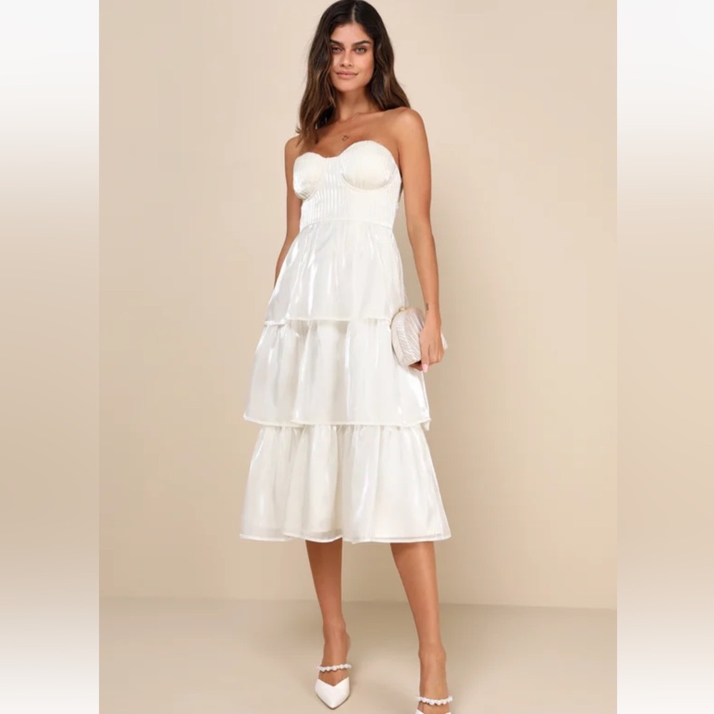 Lulus Com-pleat-ly Charming Ivory Organza Tiered Strapless Midi Dress - Size M
